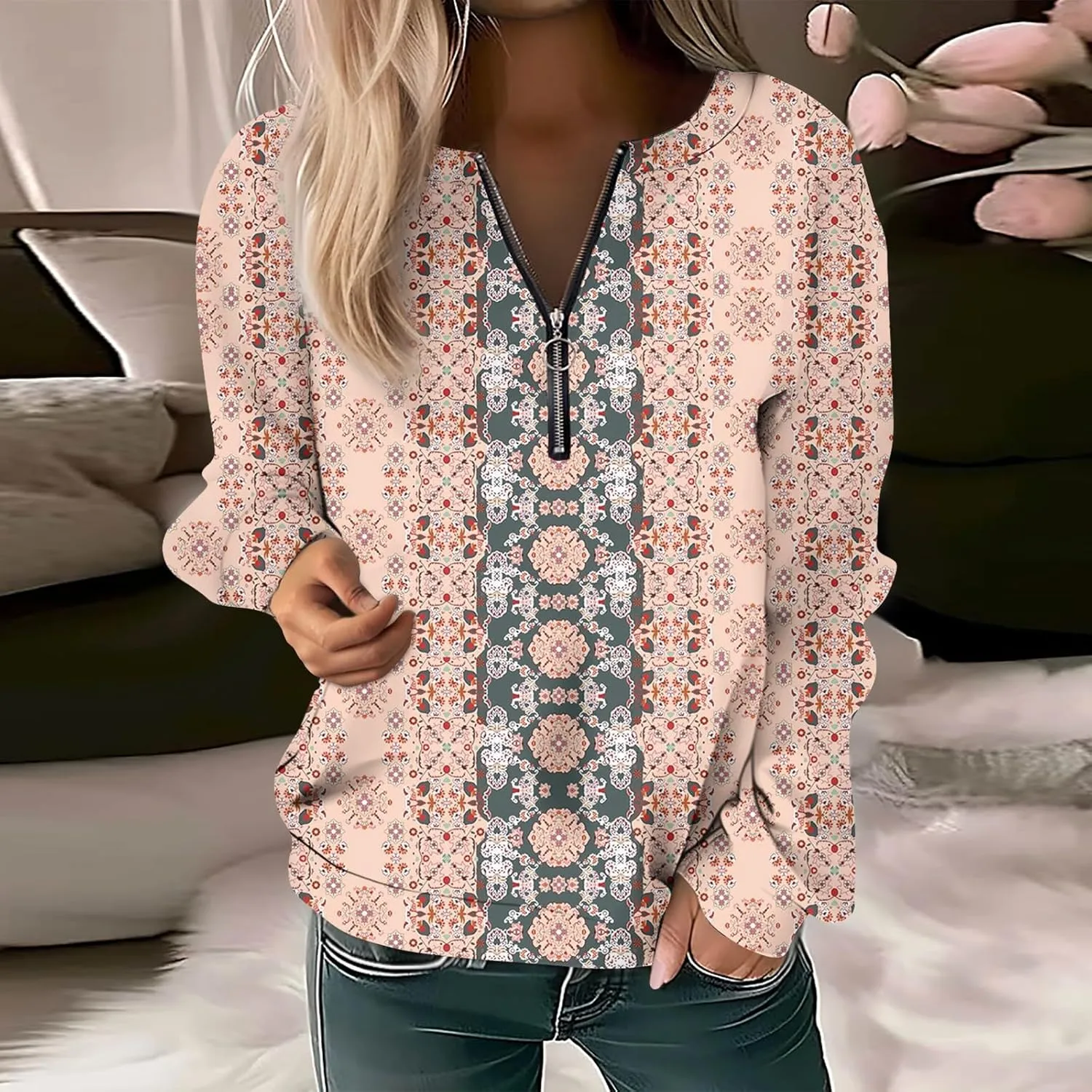Women Floral Print Crew Neck Half Zip Long Sleeve Sweatshirt 2024 Casual Long Sleeve Tops Loose Fall Clothes