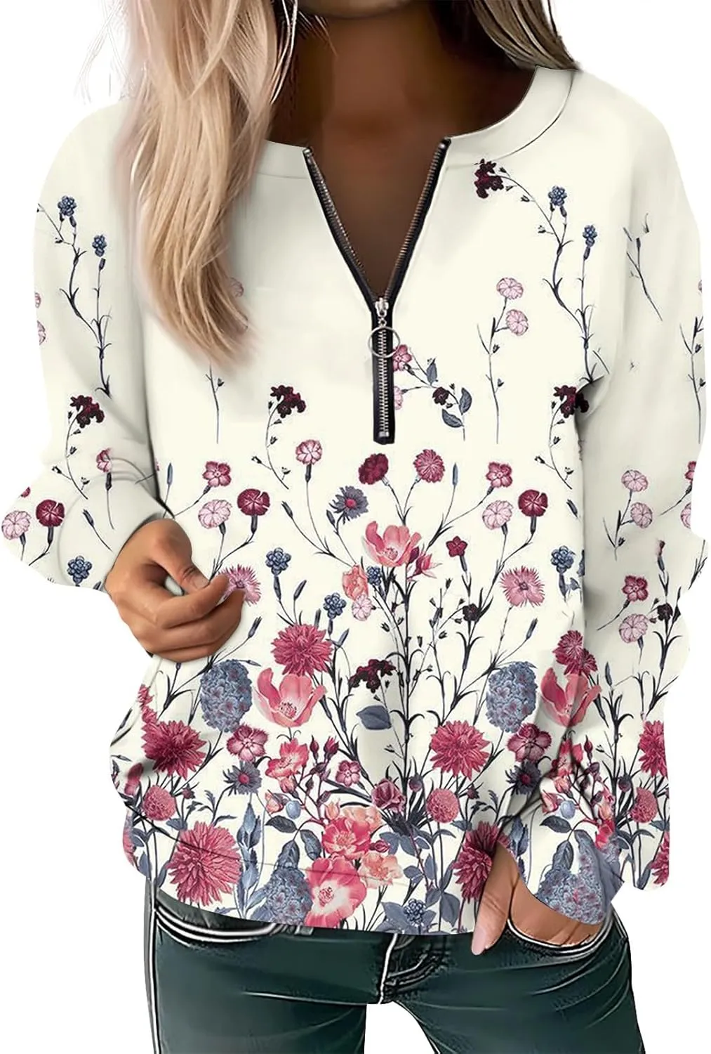 Women Floral Print Crew Neck Half Zip Long Sleeve Sweatshirt 2024 Casual Long Sleeve Tops Loose Fall Clothes