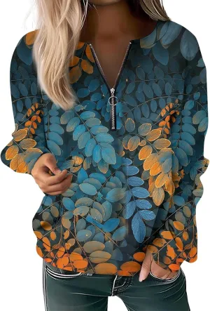 Women Floral Print Crew Neck Half Zip Long Sleeve Sweatshirt 2024 Casual Long Sleeve Tops Loose Fall Clothes