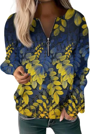 Women Floral Print Crew Neck Half Zip Long Sleeve Sweatshirt 2024 Casual Long Sleeve Tops Loose Fall Clothes