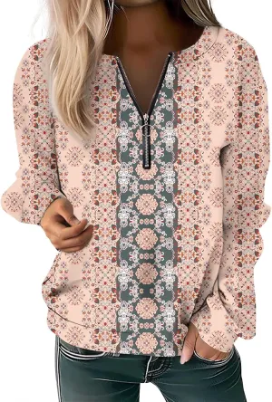 Women Floral Print Crew Neck Half Zip Long Sleeve Sweatshirt 2024 Casual Long Sleeve Tops Loose Fall Clothes