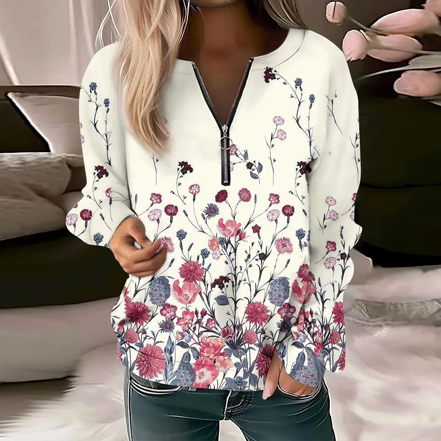 Women Floral Print Crew Neck Half Zip Long Sleeve Sweatshirt 2024 Casual Long Sleeve Tops Loose Fall Clothes