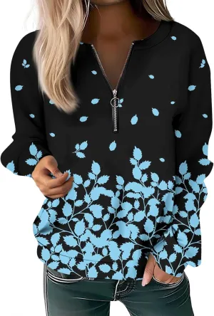 Women Floral Print Crew Neck Half Zip Long Sleeve Sweatshirt 2024 Casual Long Sleeve Tops Loose Fall Clothes