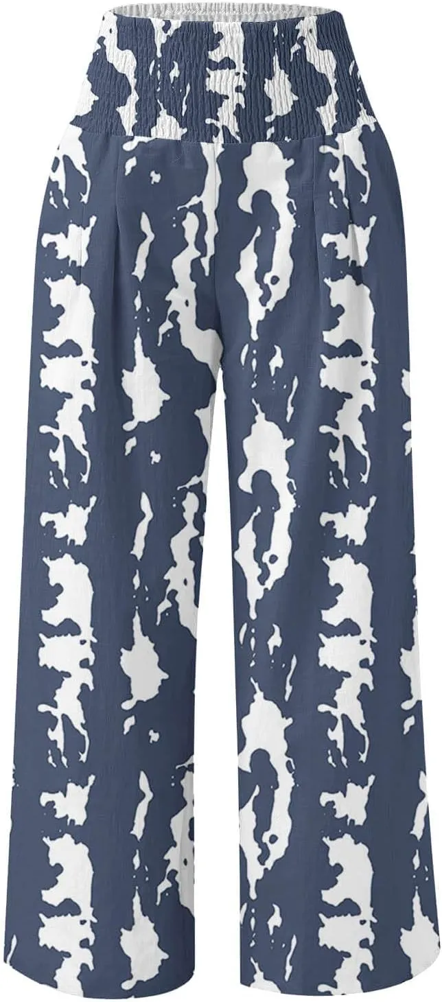 Women Floral Print Linen Palazzo Pants Summer Boho Wide Leg High Waist Lounge Pant Beach Travel Vacation Outfits