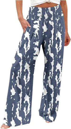 Women Floral Print Linen Palazzo Pants Summer Boho Wide Leg High Waist Lounge Pant Beach Travel Vacation Outfits
