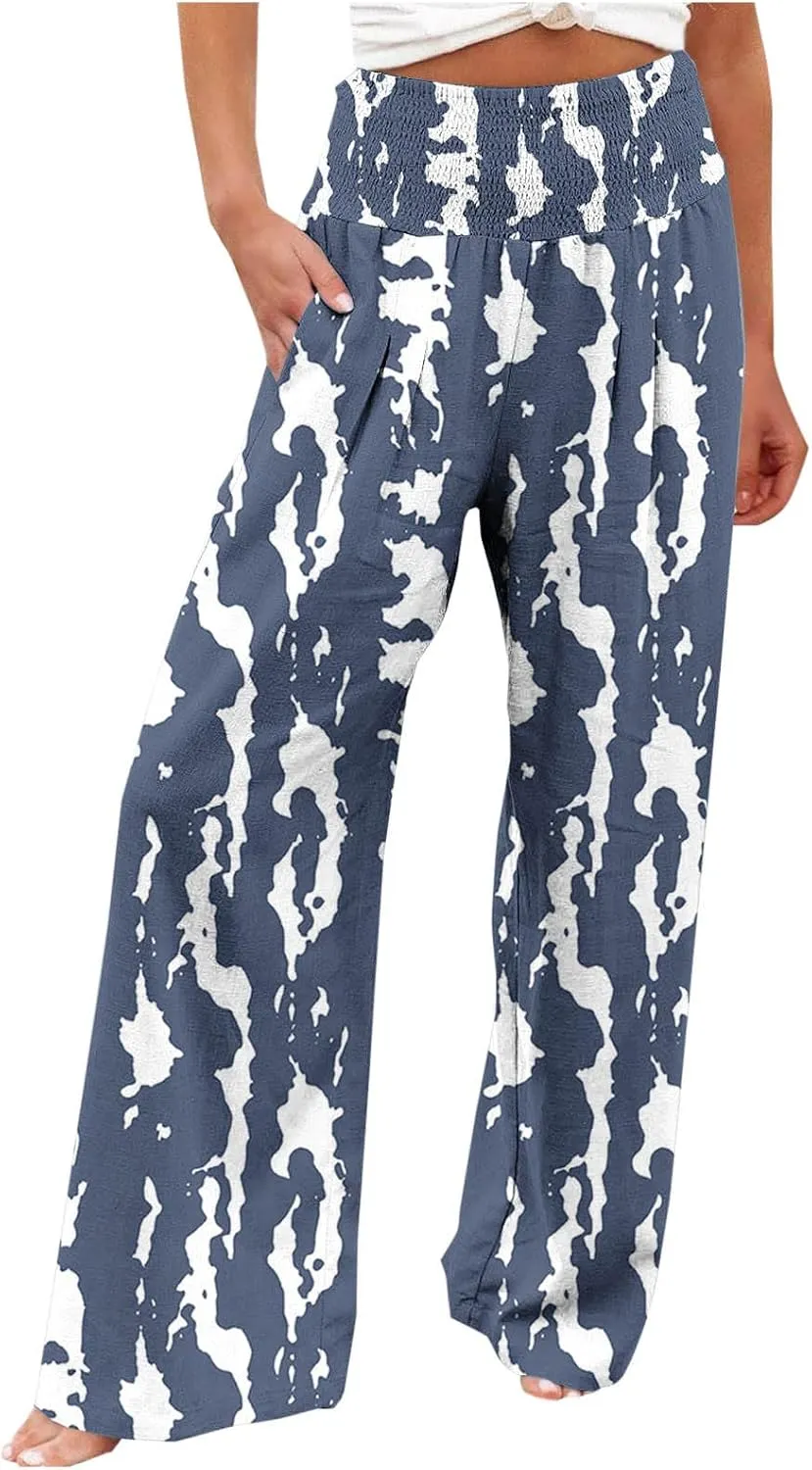 Women Floral Print Linen Palazzo Pants Summer Boho Wide Leg High Waist Lounge Pant Beach Travel Vacation Outfits
