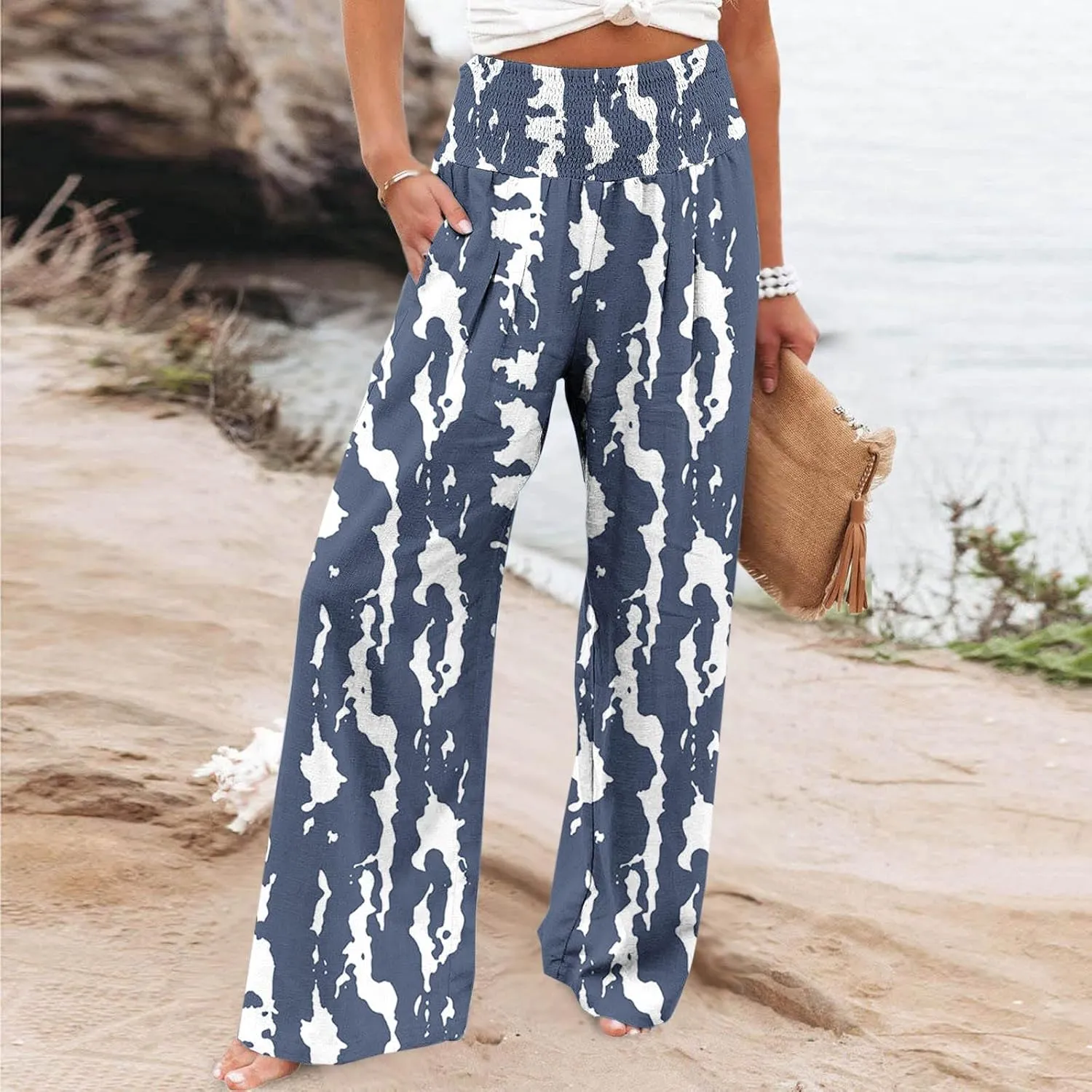 Women Floral Print Linen Palazzo Pants Summer Boho Wide Leg High Waist Lounge Pant Beach Travel Vacation Outfits