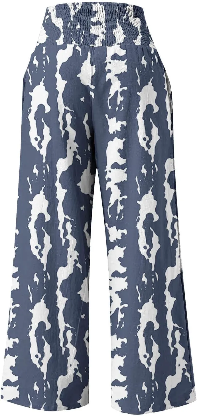 Women Floral Print Linen Palazzo Pants Summer Boho Wide Leg High Waist Lounge Pant Beach Travel Vacation Outfits