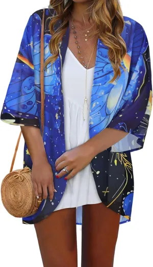 Women Kimono Cardigans Casual Summer Tops Cover up Open Front Floral Print Resort Wear
