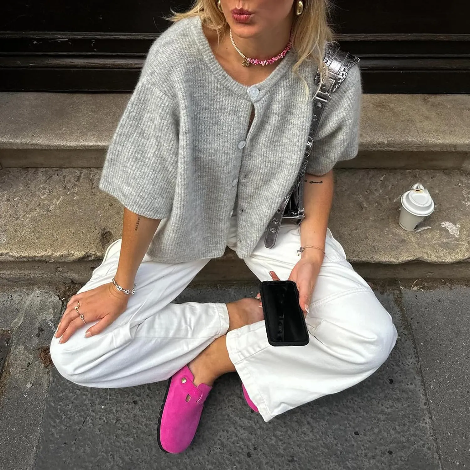 Women Lightweight Knitted Cropped Cardigan Shirt Short Sleeve Button Down Sweater Y2k Open Front Loose Ribbed Shirt
