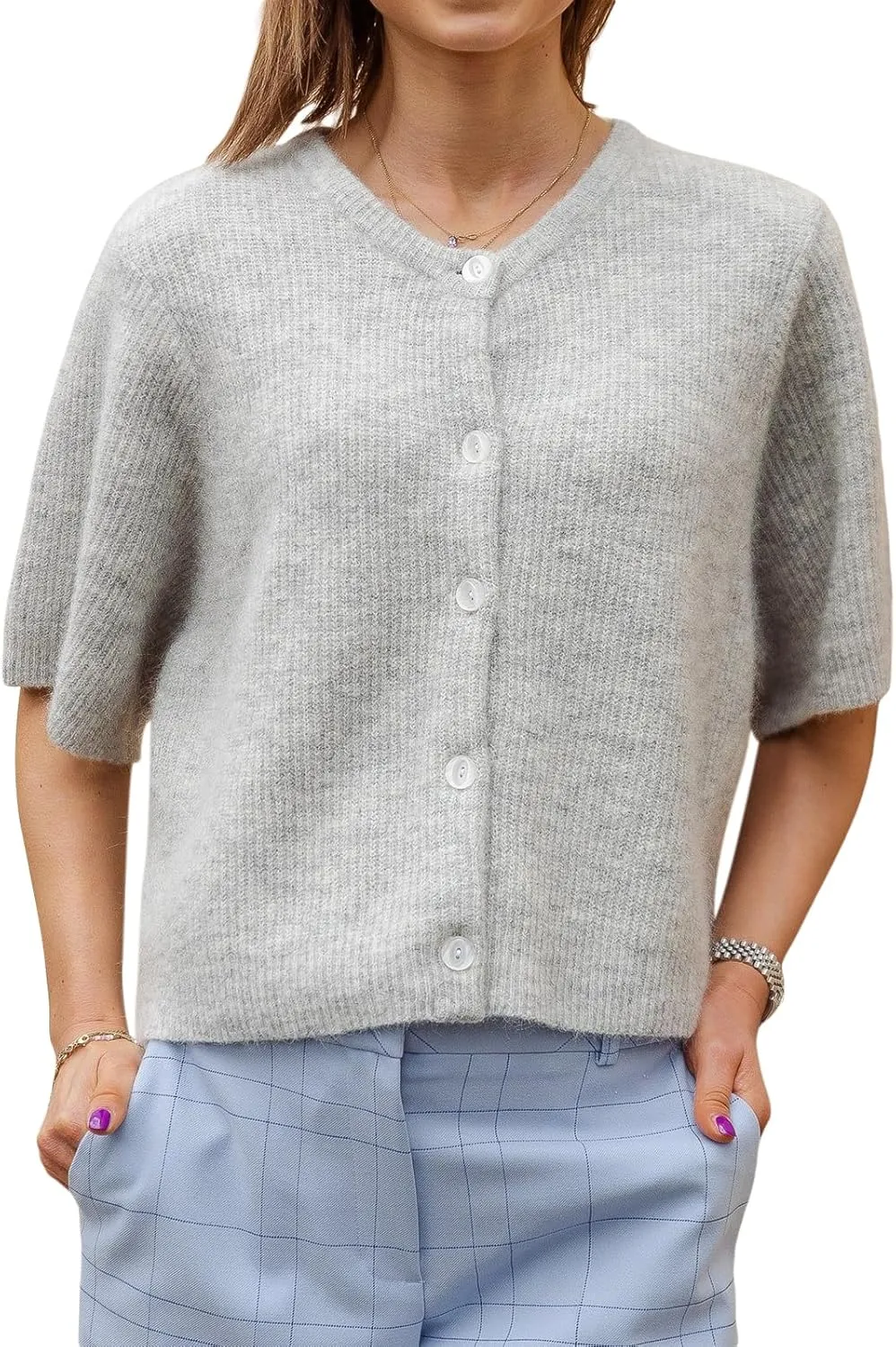 Women Lightweight Knitted Cropped Cardigan Shirt Short Sleeve Button Down Sweater Y2k Open Front Loose Ribbed Shirt