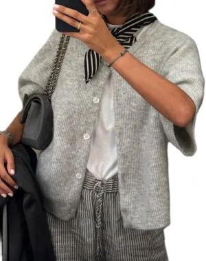 Women Lightweight Knitted Cropped Cardigan Shirt Short Sleeve Button Down Sweater Y2k Open Front Loose Ribbed Shirt
