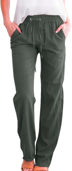 Women Linen Blend Summer Baggy Palazzo Lounge Pants Low Waist Ankle Length Slim-Fit Palazzo Lounge Pants Office