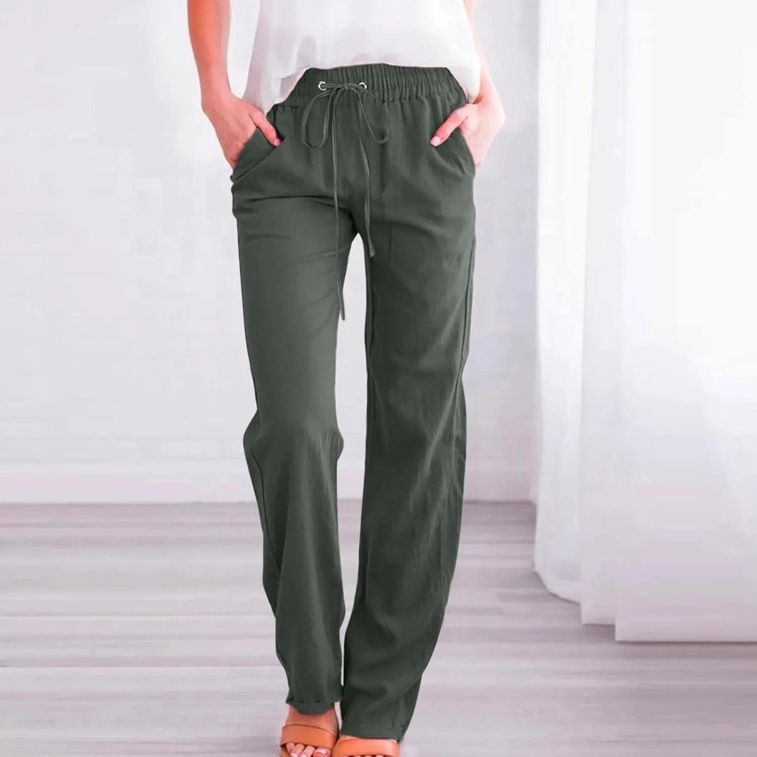 Women Linen Blend Summer Baggy Palazzo Lounge Pants Low Waist Ankle Length Slim-Fit Palazzo Lounge Pants Office
