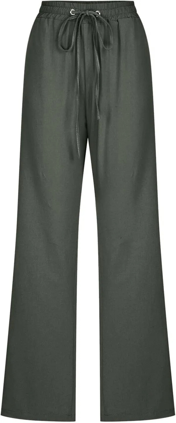 Women Linen Blend Summer Baggy Palazzo Lounge Pants Low Waist Ankle Length Slim-Fit Palazzo Lounge Pants Office