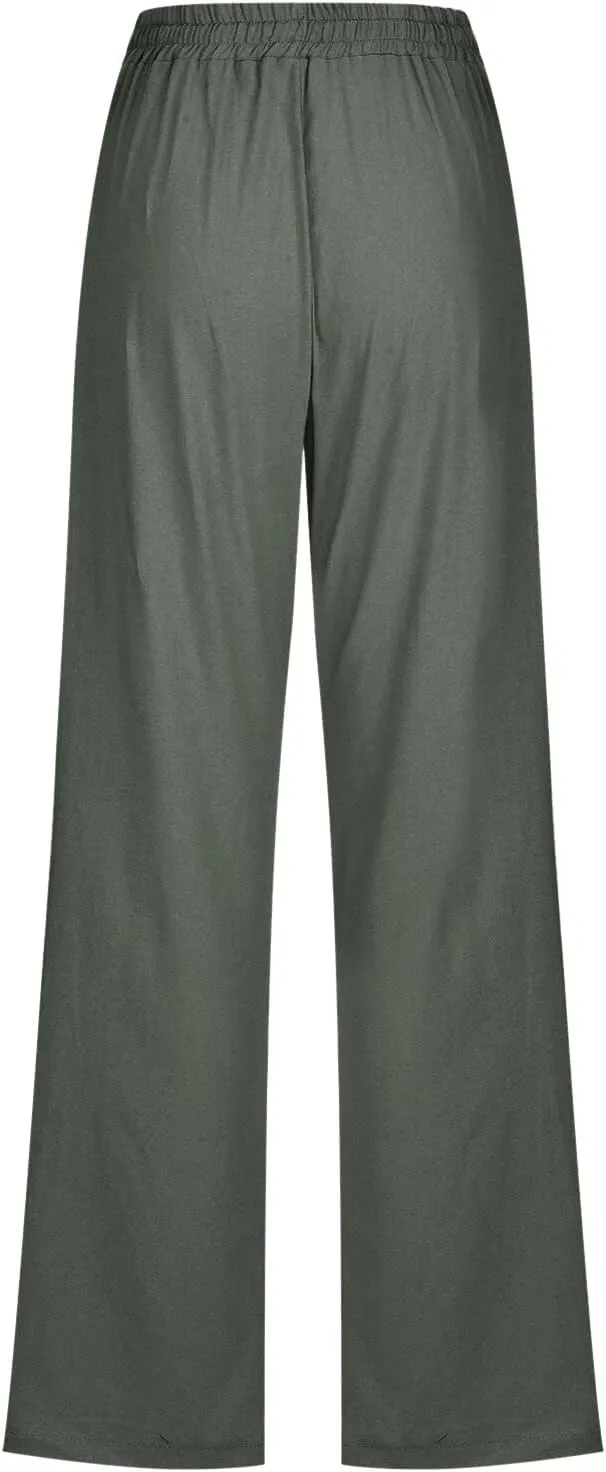 Women Linen Blend Summer Baggy Palazzo Lounge Pants Low Waist Ankle Length Slim-Fit Palazzo Lounge Pants Office