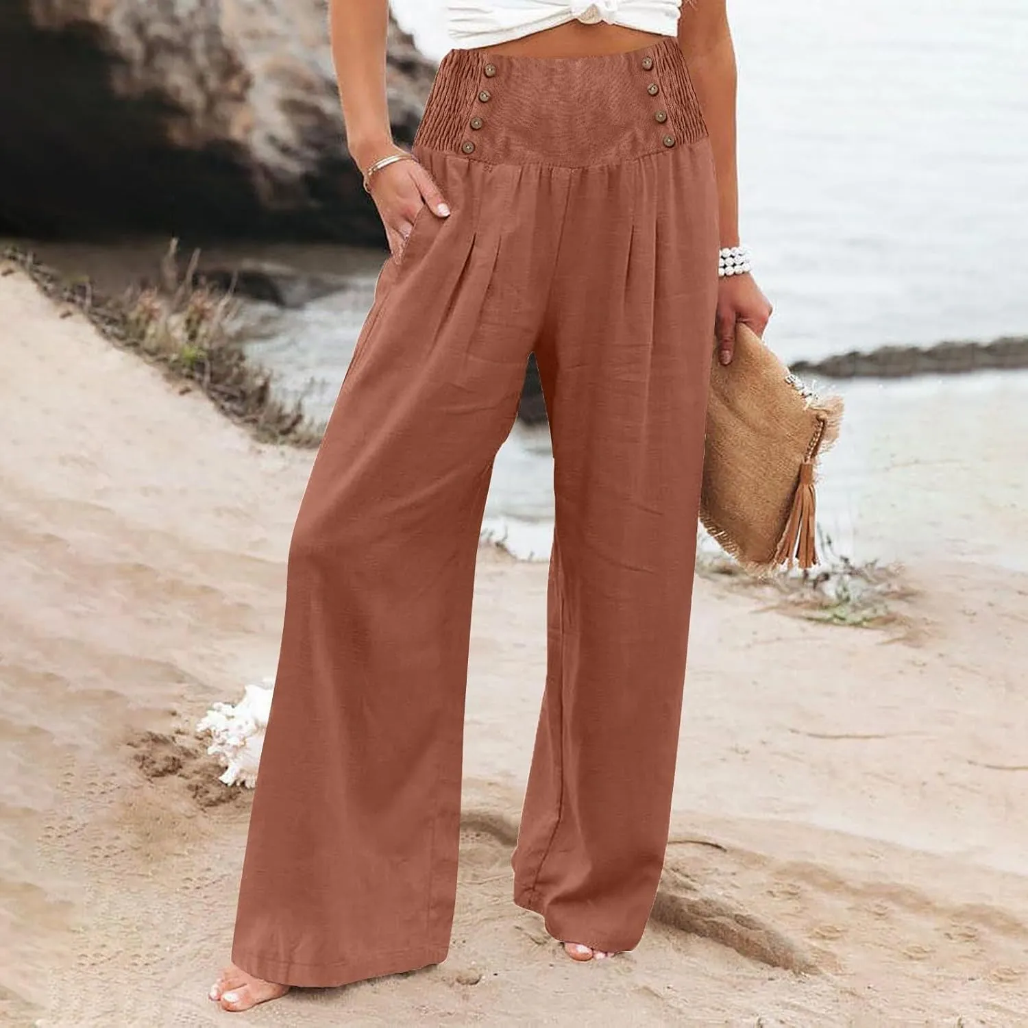 Women Linen Blend Summer Breathable Palazzo Lounge Pants High Waist Bootcut Loose Fit Trouser Office