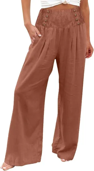 Women Linen Blend Summer Breathable Palazzo Lounge Pants High Waist Bootcut Loose Fit Trouser Office