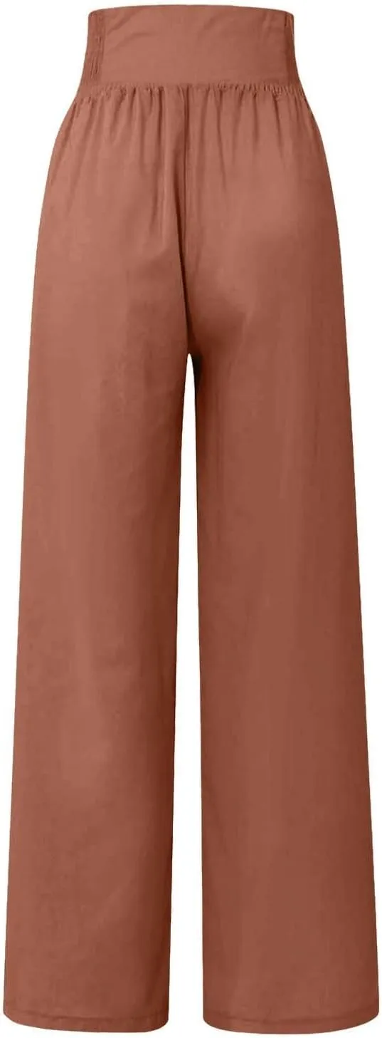 Women Linen Blend Summer Breathable Palazzo Lounge Pants High Waist Bootcut Loose Fit Trouser Office