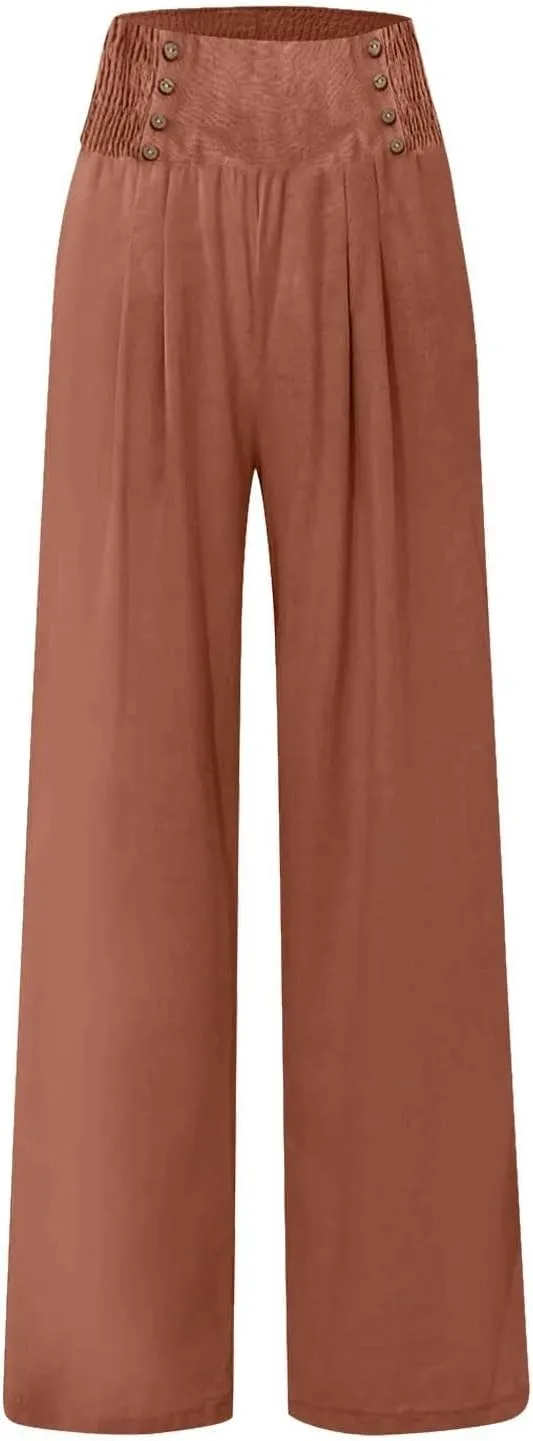 Women Linen Blend Summer Breathable Palazzo Lounge Pants High Waist Bootcut Loose Fit Trouser Office