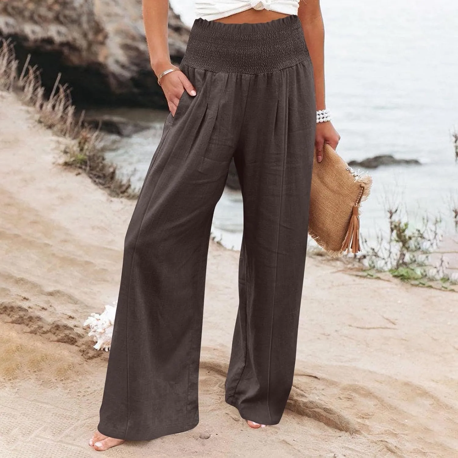 Women Linen Blend Summer Loose Flowy Palazzo Lounge Pants Elastic Waisted Wide Leg Plus Size Trousers Trendy