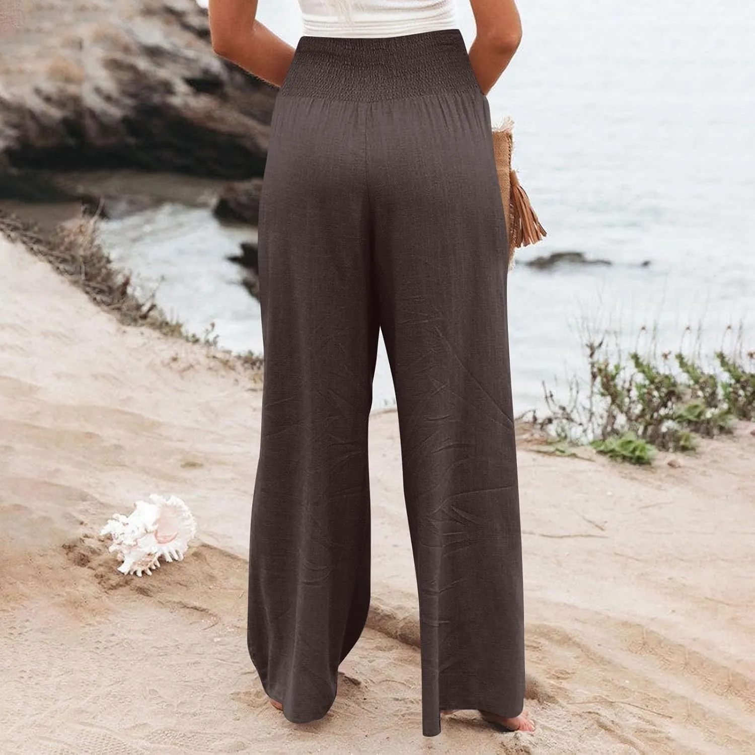 Women Linen Blend Summer Loose Flowy Palazzo Lounge Pants Elastic Waisted Wide Leg Plus Size Trousers Trendy