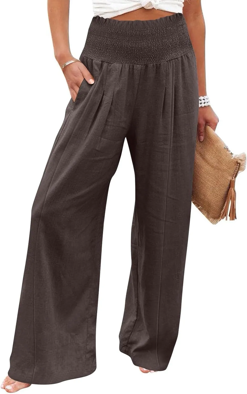Women Linen Blend Summer Loose Flowy Palazzo Lounge Pants Elastic Waisted Wide Leg Plus Size Trousers Trendy
