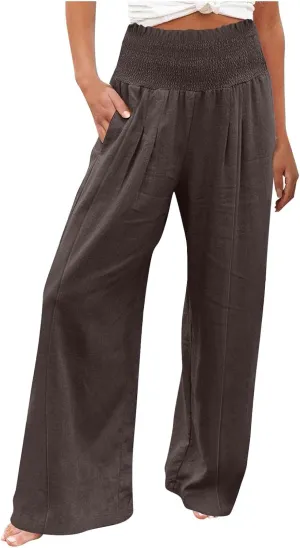 Women Linen Blend Summer Loose Flowy Palazzo Lounge Pants Elastic Waisted Wide Leg Plus Size Trousers Trendy