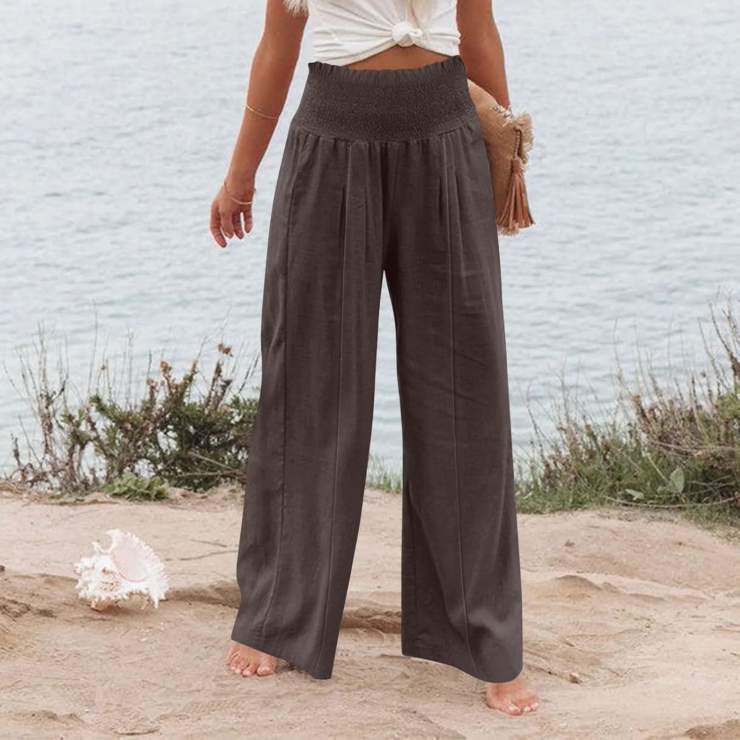 Women Linen Blend Summer Loose Flowy Palazzo Lounge Pants Elastic Waisted Wide Leg Plus Size Trousers Trendy