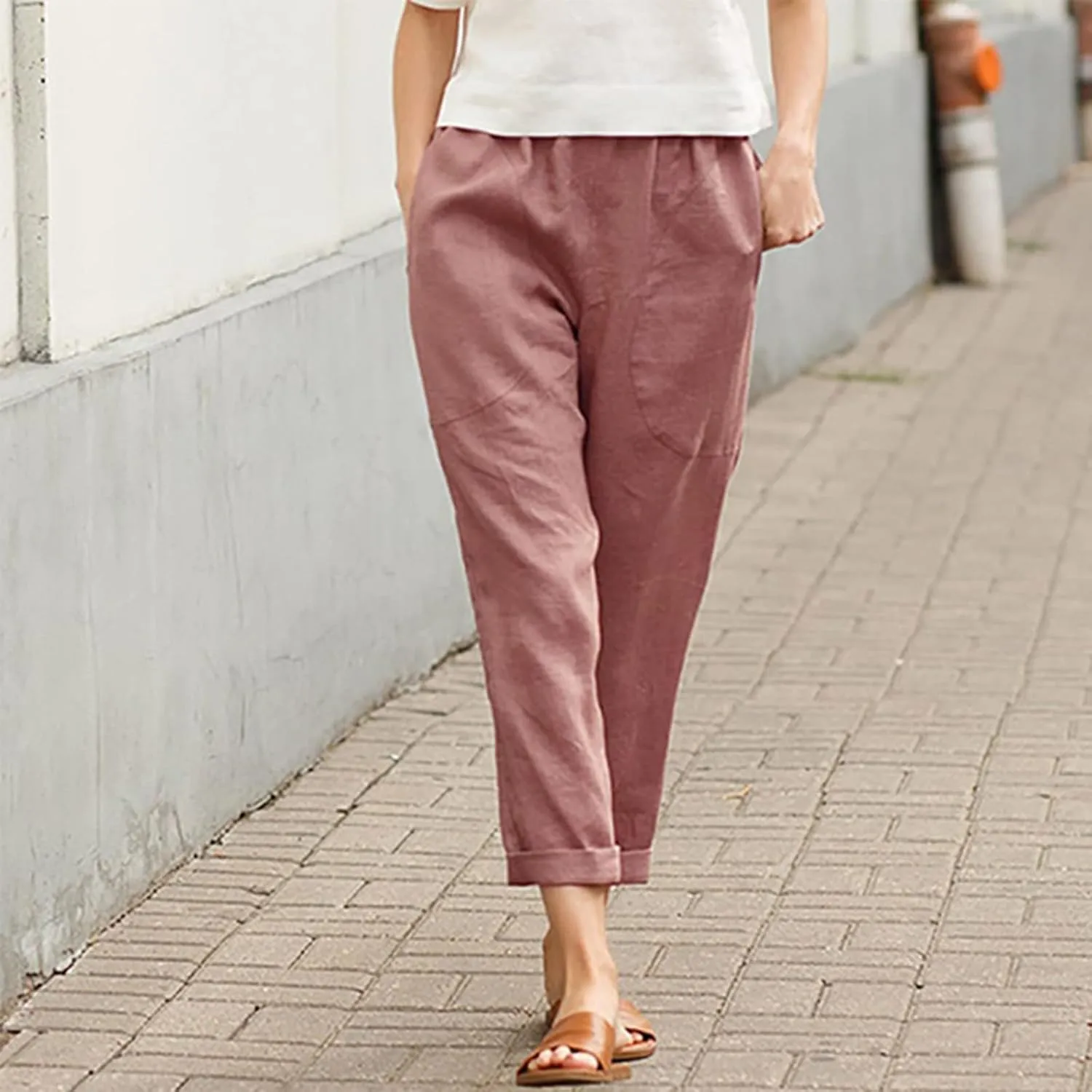 Women Linen Blend Summer Print Pants Elastic Waisted Straight Slim Fit Pant Trousers Work Business