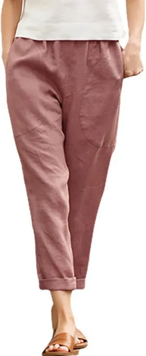 Women Linen Blend Summer Print Pants Elastic Waisted Straight Slim Fit Pant Trousers Work Business