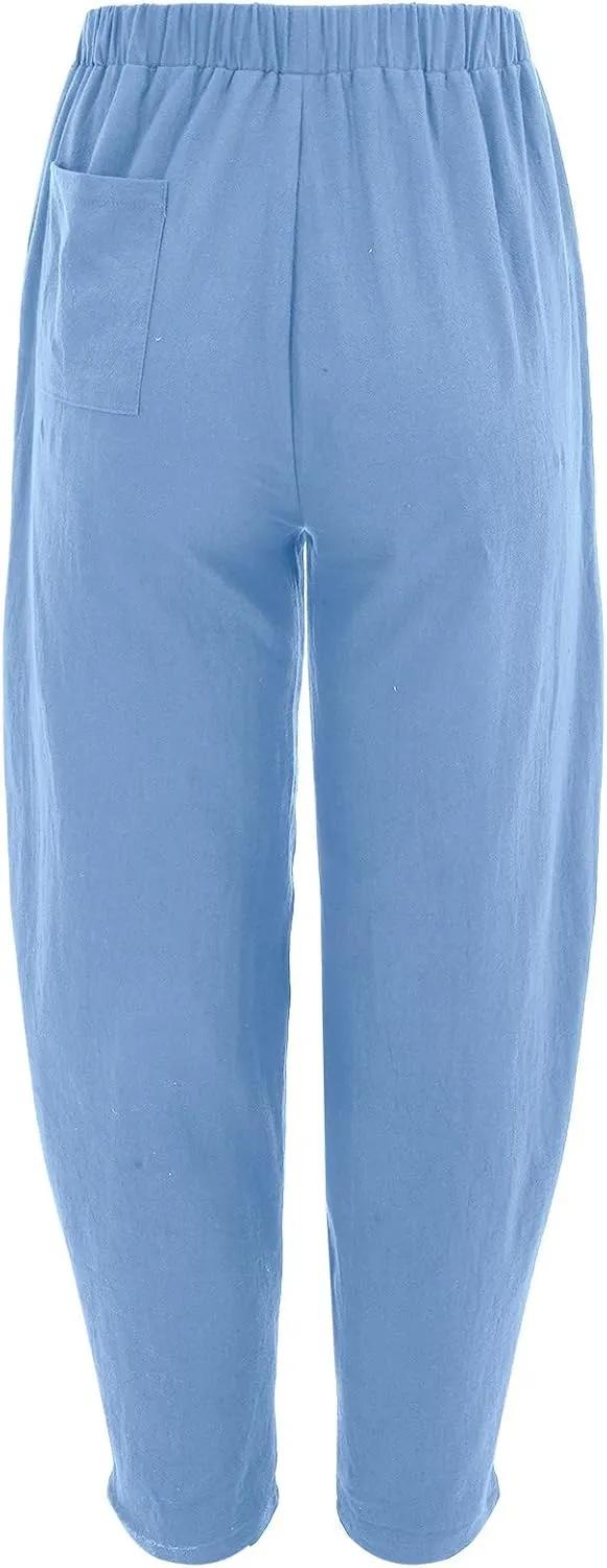 Women Linen Blend Summer Printed Pants Low Waist Wide Leg Slim Fit Pants Trendy