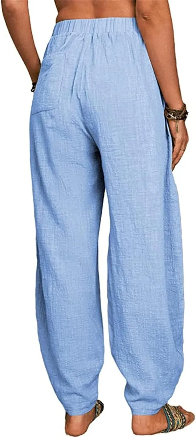 Women Linen Blend Summer Printed Pants Low Waist Wide Leg Slim Fit Pants Trendy