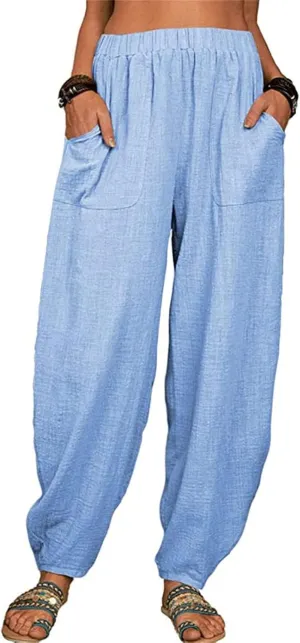 Women Linen Blend Summer Printed Pants Low Waist Wide Leg Slim Fit Pants Trendy