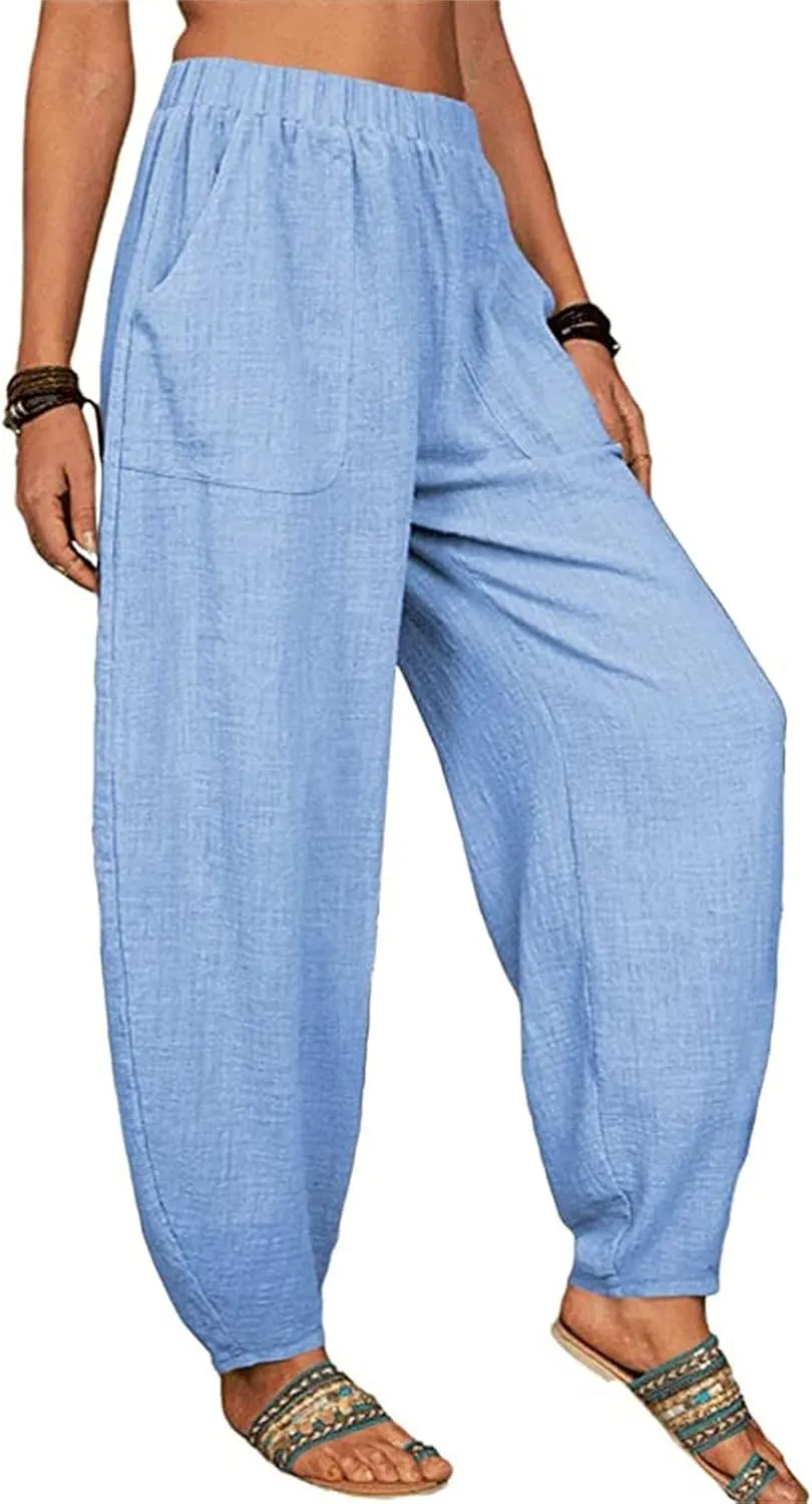 Women Linen Blend Summer Printed Pants Low Waist Wide Leg Slim Fit Pants Trendy