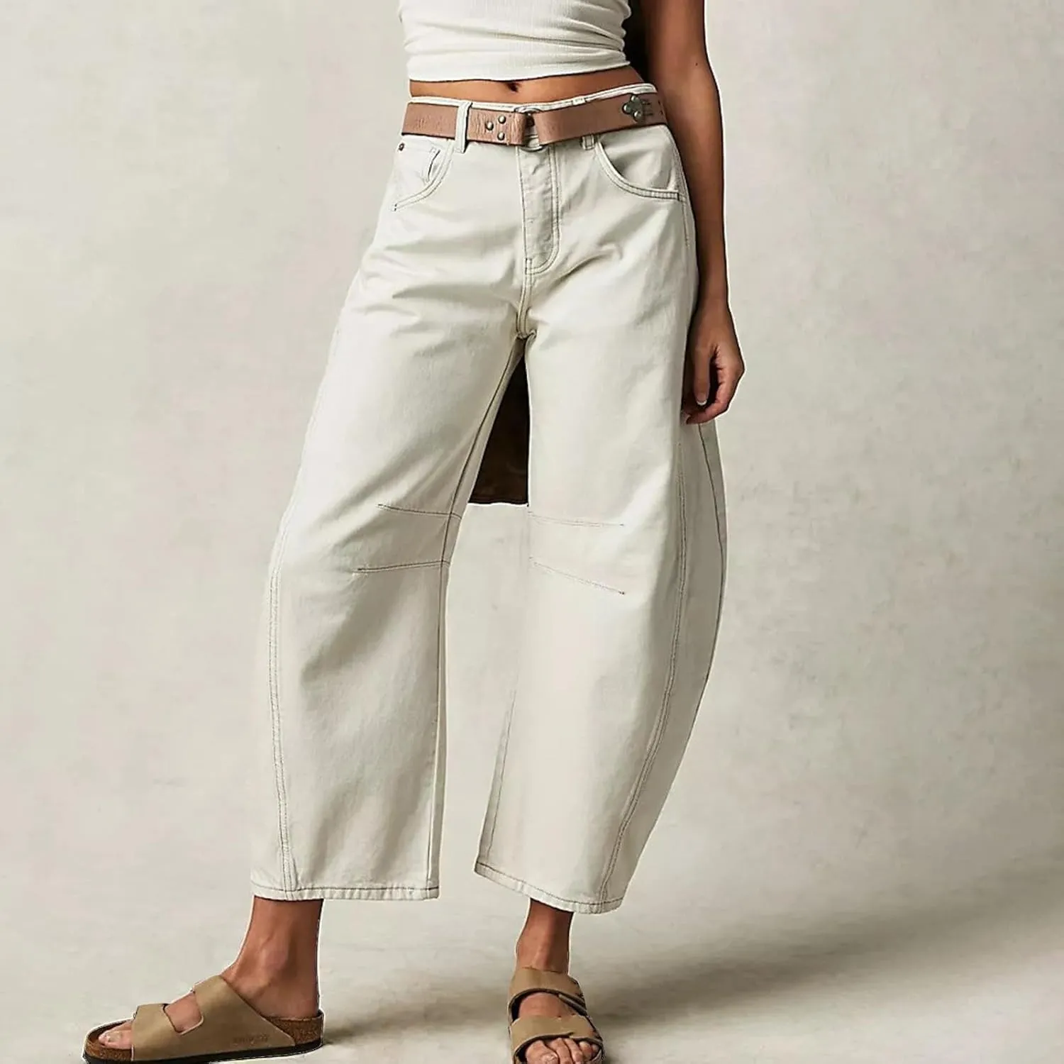 Women Linen Blend Summer Split Flowy Pants High Waist Wide Leg Slim Fit Trousers Work Business