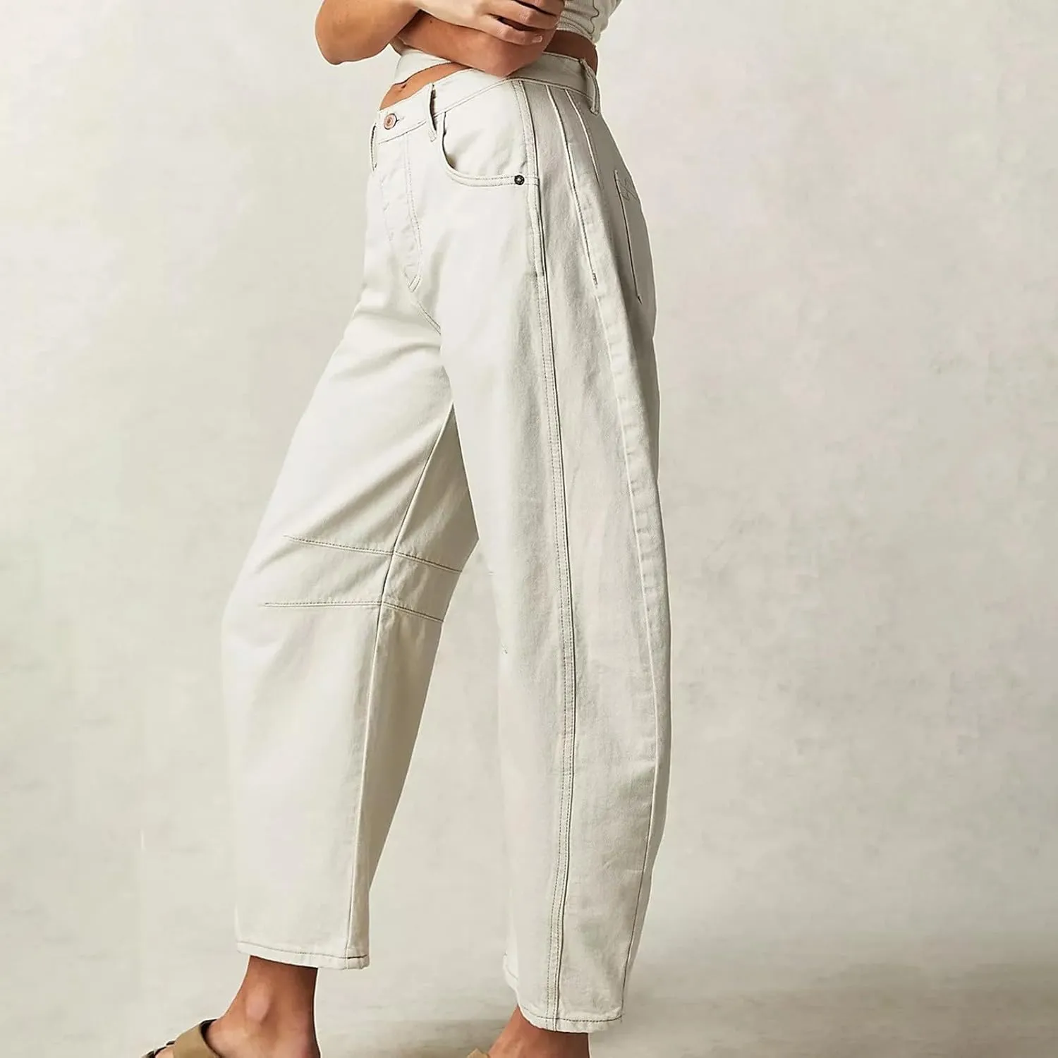 Women Linen Blend Summer Split Flowy Pants High Waist Wide Leg Slim Fit Trousers Work Business
