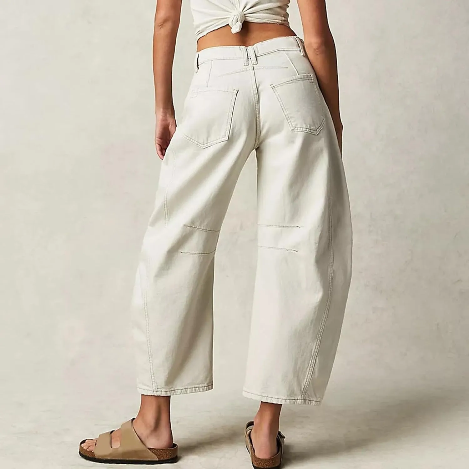 Women Linen Blend Summer Split Flowy Pants High Waist Wide Leg Slim Fit Trousers Work Business