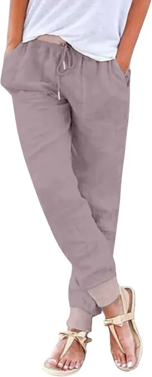 Women Linen Blend Summer Trendy Pants Elastic Waisted Baggy Stretchy Loose Fit Trousers Office