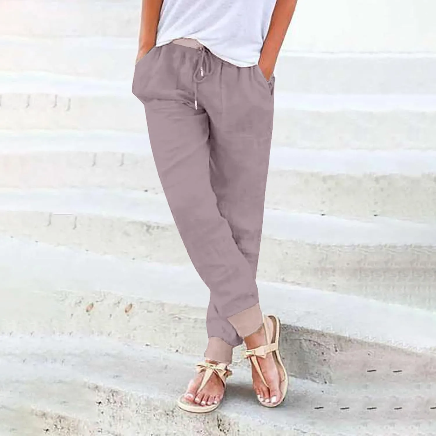 Women Linen Blend Summer Trendy Pants Elastic Waisted Baggy Stretchy Loose Fit Trousers Office