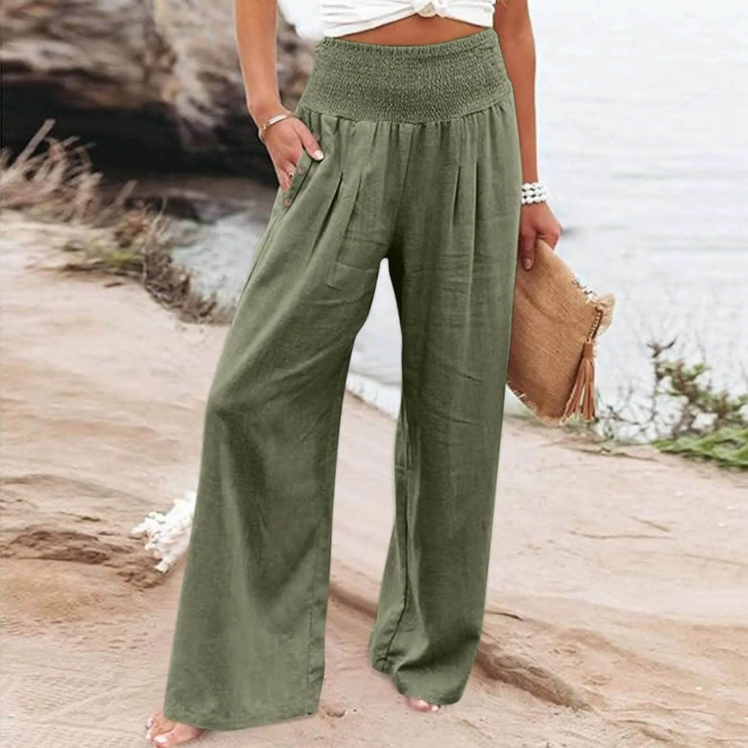 Women Linen Palazzo Pants 2024 Summer Casual Loose Beach Wide Leg Elastic High Waist Travel Lounge Pants with Pockets