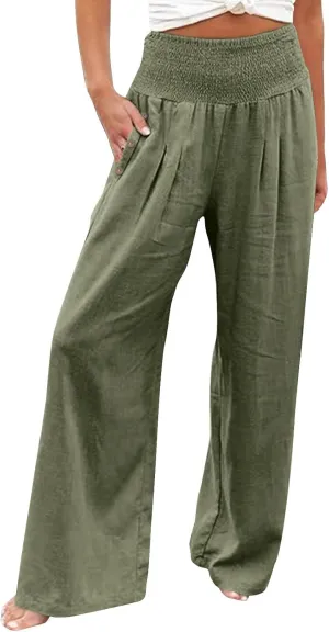 Women Linen Palazzo Pants 2024 Summer Casual Loose Beach Wide Leg Elastic High Waist Travel Lounge Pants with Pockets