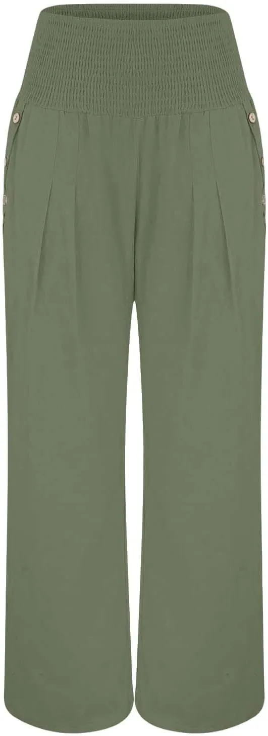 Women Linen Palazzo Pants 2024 Summer Casual Loose Beach Wide Leg Elastic High Waist Travel Lounge Pants with Pockets