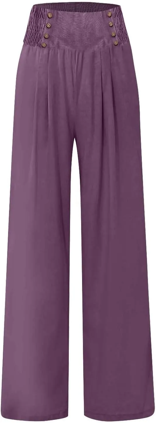 Women Linen Pants Palazzo Wide Leg Elastic High Waist Flowy Trousers Casual Loose Beach Travel Lounge Summer Pants