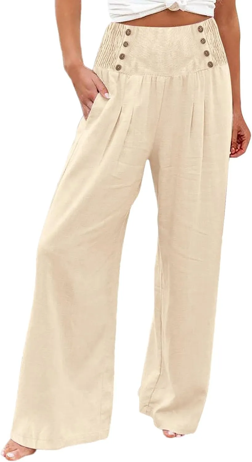 Women Linen Pants Palazzo Wide Leg Elastic High Waist Flowy Trousers Casual Loose Beach Travel Lounge Summer Pants