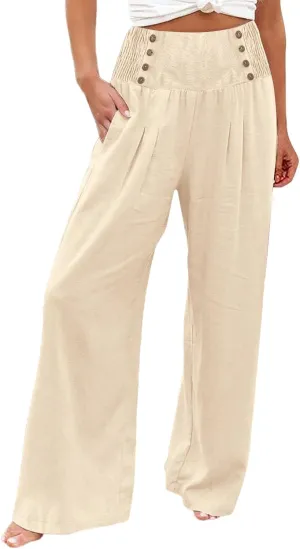 Women Linen Pants Palazzo Wide Leg Elastic High Waist Flowy Trousers Casual Loose Beach Travel Lounge Summer Pants