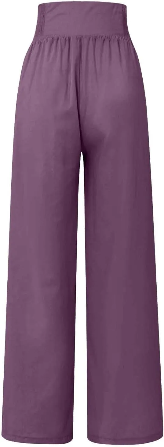 Women Linen Pants Palazzo Wide Leg Elastic High Waist Flowy Trousers Casual Loose Beach Travel Lounge Summer Pants