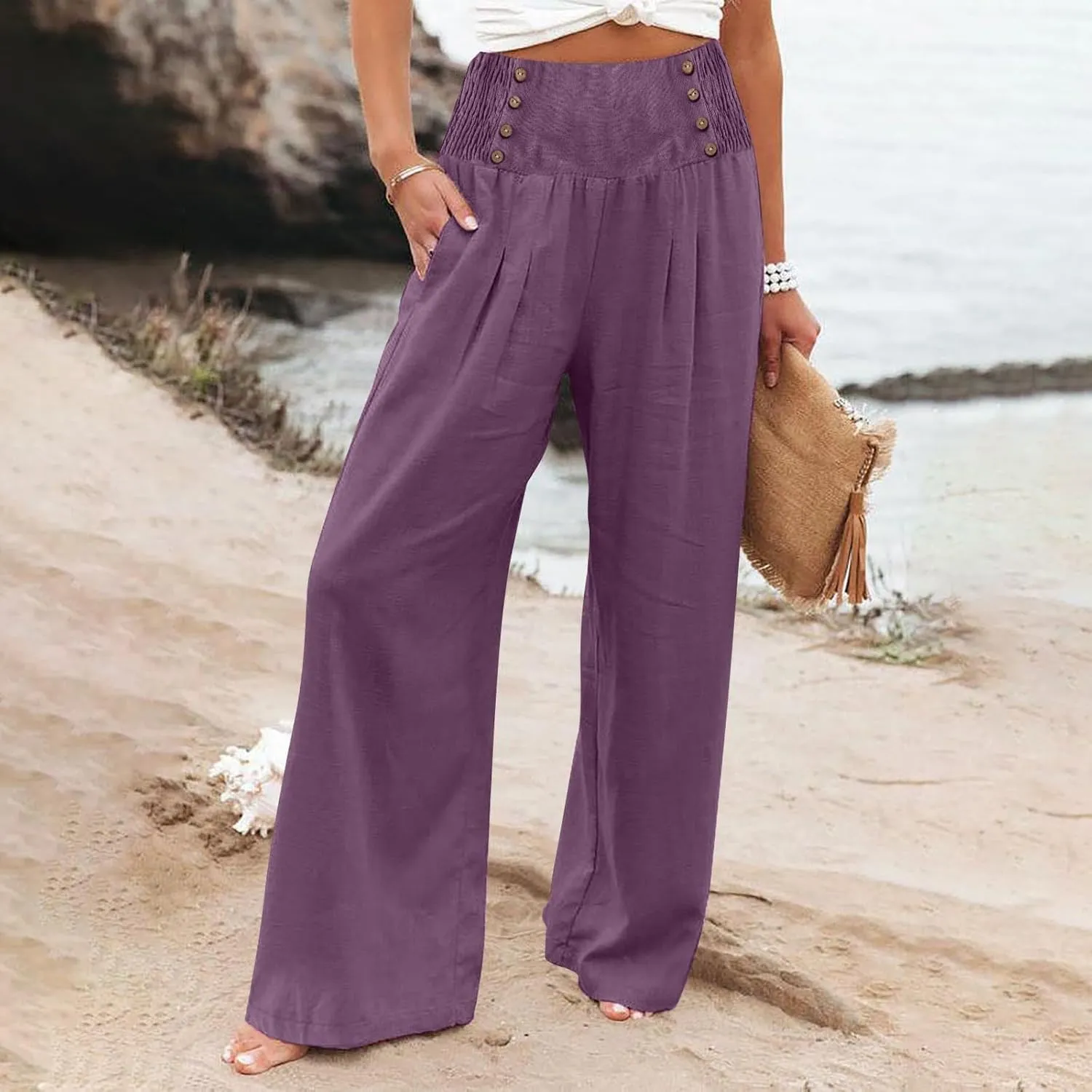 Women Linen Pants Palazzo Wide Leg Elastic High Waist Flowy Trousers Casual Loose Beach Travel Lounge Summer Pants
