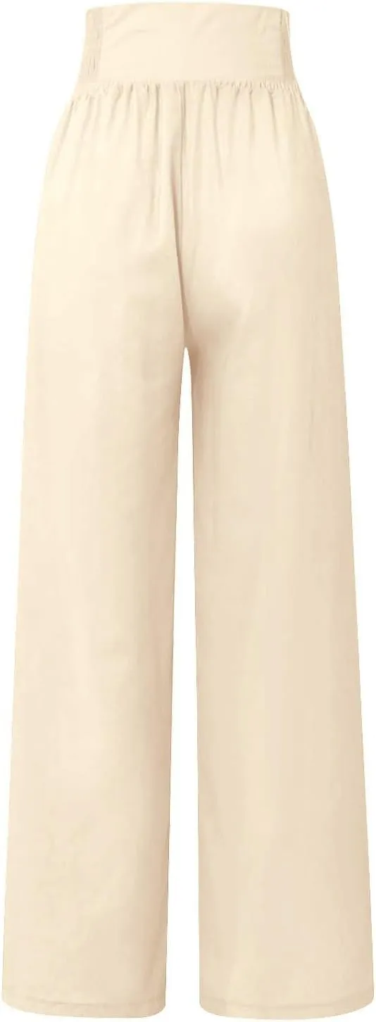 Women Linen Pants Palazzo Wide Leg Elastic High Waist Flowy Trousers Casual Loose Beach Travel Lounge Summer Pants
