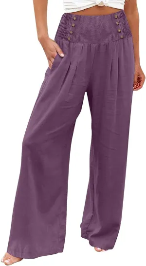 Women Linen Pants Palazzo Wide Leg Elastic High Waist Flowy Trousers Casual Loose Beach Travel Lounge Summer Pants